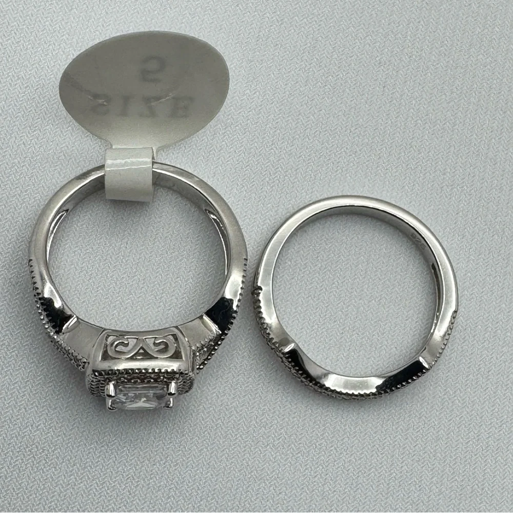 Sterling Silver CZ Double Band Ring Size 5 Halo Princess Cut New